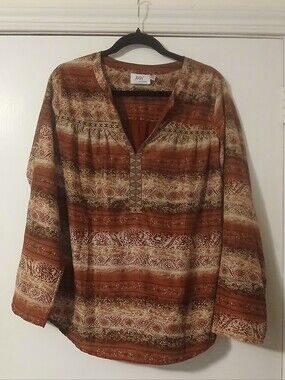 JODI CALIFORNIA Women's Rust Patterned V-Neck Long Sleeve Top Size L